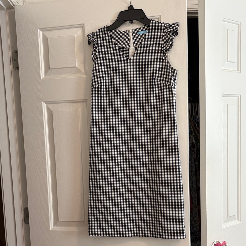 J. McLaughlin Black & White Gingham Ruffle-Sleeve Midi Dress
